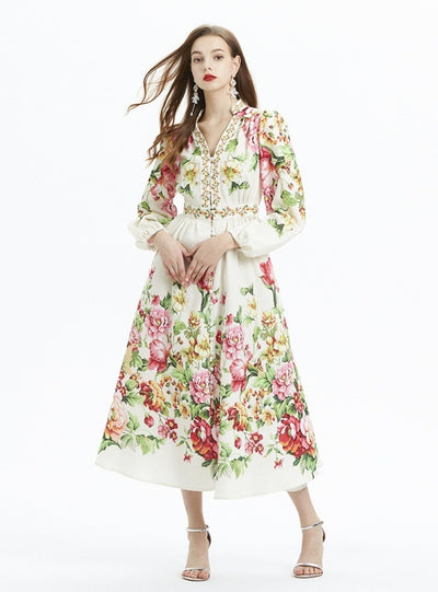 Lantern Sleeve Floral Print Long-sleeved Ruffled Dress