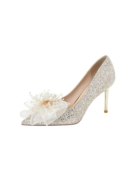 Sequined Beads Bow High Heels Shoes