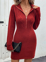 Stand-neck Zipper Semi-open Sweater Dress