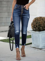 High Waist Elastic Retro Ripped Jeans