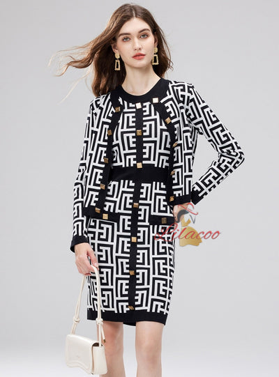 Slim-fit High Waist Contrast Dress+Cardigan Coat Two-piece Cuit