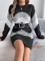 Leisure Color Matching Lantern Sleeve Sweater Dress