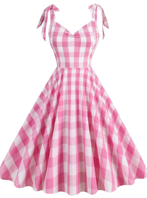 Pink Plaid Suspenders Hepburn Dress