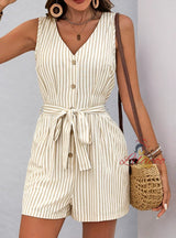 V-neck Sleeveless Striped Jumpsuit