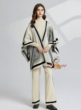 Loose Contrast Shawl+Coat+Wide-leg Pants Suit