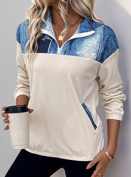 Contrast Stitching Lapel Zipper Long Sleeve Top