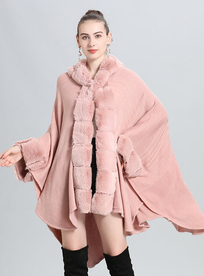 Wool Collar Hooded Knitted Shawl Cloak