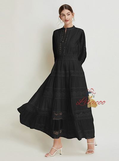 Retro Lace Stitching V-neck Lantern Sleeve Dress