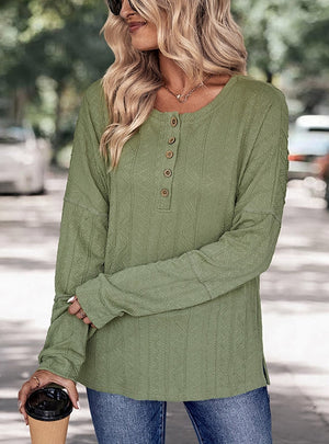 Round Neck Casual Shirt Green Button T-shirt