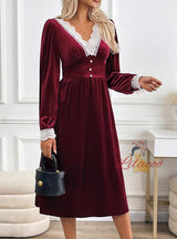 Velvet Lace Stitching Long Sleeve Dress