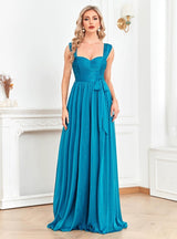 Blue Tulle Straps Pleats Prom Dress