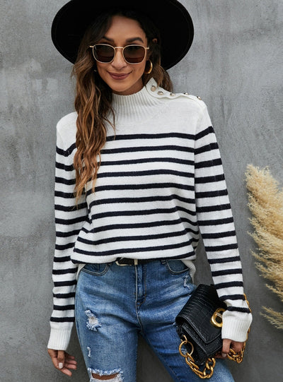 Striped Loose Long-sleeved Stand-up Sweater