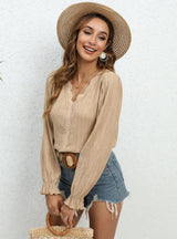 Solid Color Lace Stitching V-neck Long Sleeve Shirt