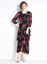 Retro Printed Chiffon Slim Ruffled Dress