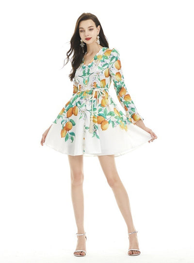 Lotus Leaf Sleeve V-neck Print Long Sleeve Dress