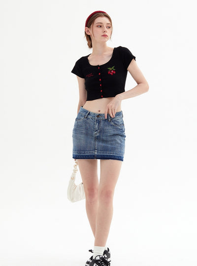 Embroidered Button Short T-shirt