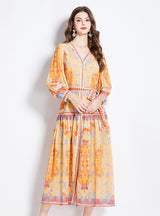 Chiffon V-neck Lantern Sleeve Printed Dress