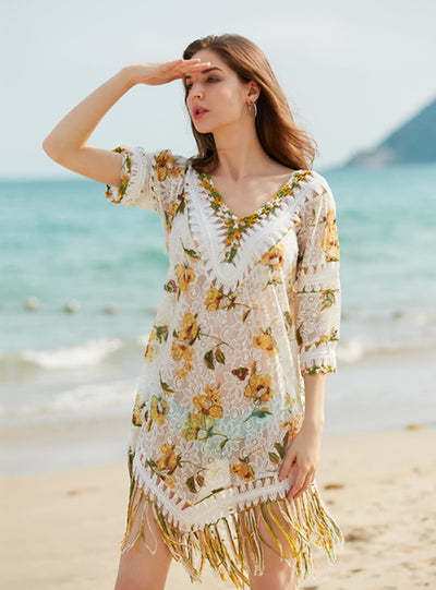 Floral Lace Fringed Irregular Beach Cover Up