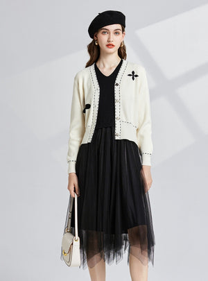 Stitching Gauze Dress+Cardigan Coat Two-piece Suit