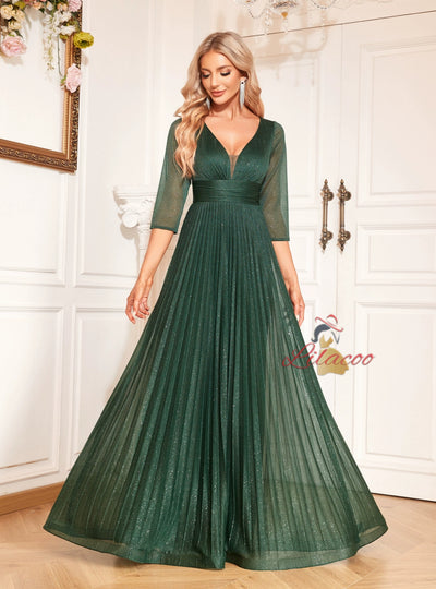 Green Short Sleeve V-neck Pleats Prom Dress