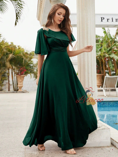 Women Short-sleeved Pleats Evening Dress