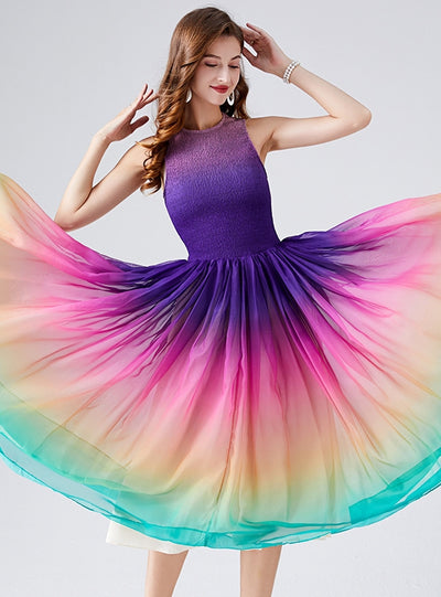 Rainbow Pleats Silm Waist Dress