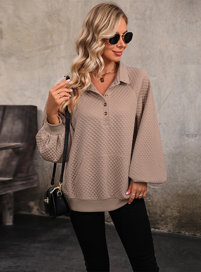 Long-sleeved Waffle Lapel Button V-tie Pocket Top