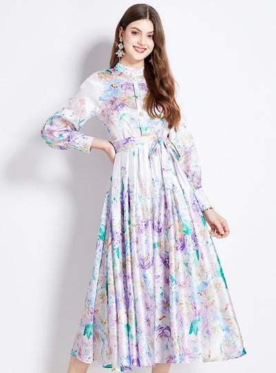 Retro Stand-up Collar Lantern Sleeve Printed Dress