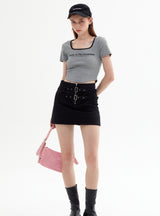 Square Collar Letter Slim Short Sleeve T-shirt