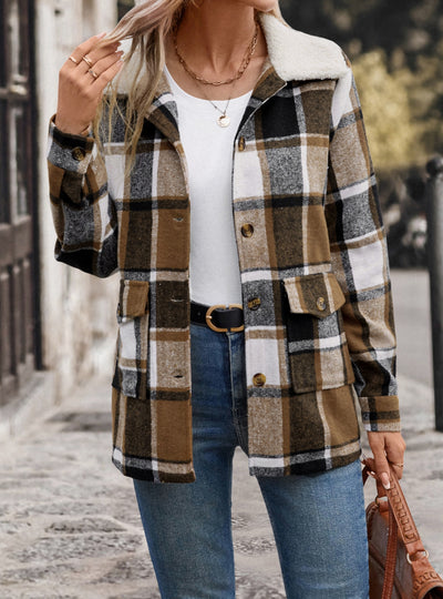 Women Sanded Pocket Lapel Plaid Coat