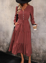 Long sleeve Print V-neck Button Dress