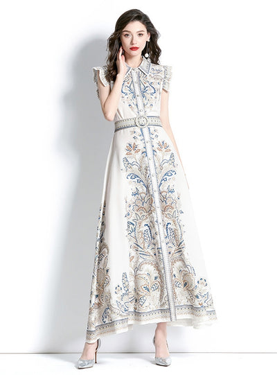 Palace Style Lapel Sleeveless Print Long Dress