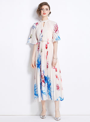 Fashion Beaded Printed Pleated Dress