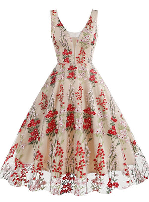 V-neck Sleeveless Heavy Embroidery Retro Dress