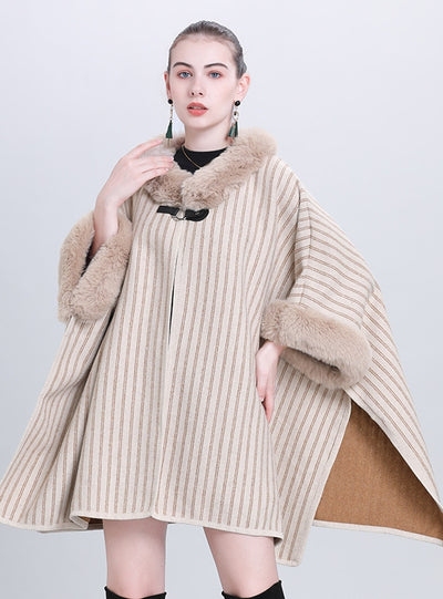 Wool Collar Striped Knit Cloak Shawl