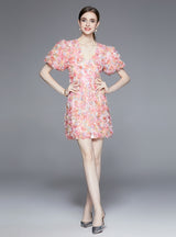 V-neck Short-sleeved Colorful Gauze Flower Dress