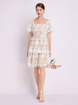 Solid Color Lace Square Collar Short Sleeve Dress