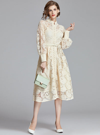 Retro Lantern Sleeve Lace Long Dress