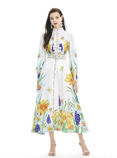 Single-breasted Printed Silm Waist Dress