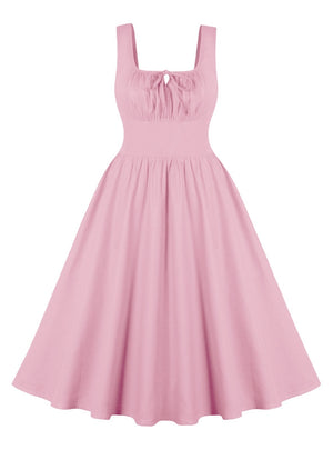 Strap Pleated Vintage Solid Color Dress