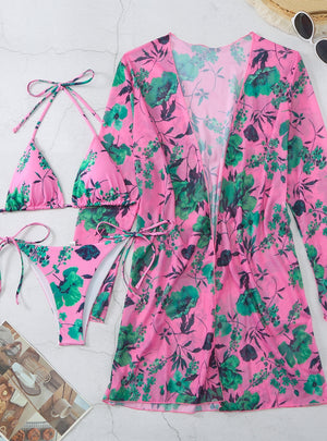 Flower Print Blouses Beach Swimsuit Three-piece Suit