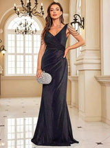 Black V-neck Pleats Beading Prom Dress