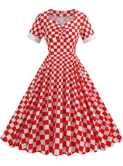 Women Short Sleeve Checkerboard Red Dress