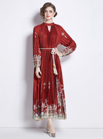 Printed Lantern Sleeve Pleated Belt Dress