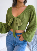 Bow V-neck Lantern Sleeve Navel Sweater