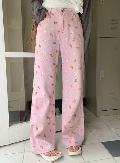 Pink Bear Print Straight Wide-leg Jeans