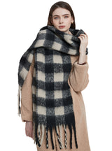 Women Plaid Tassel Thick Scarf