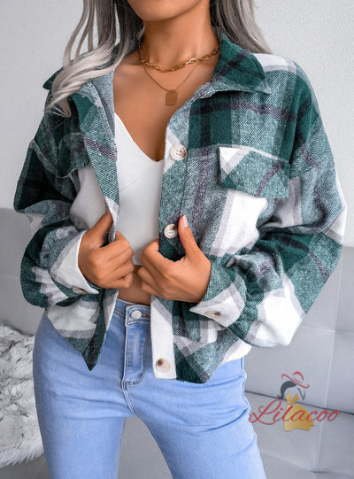 Plaid Lantern Long Sleeve Woolen Coat Jacket