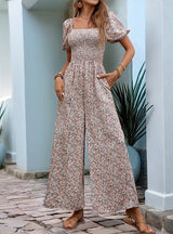 Square Collar Puff Sleeve Floral Jumpsuit