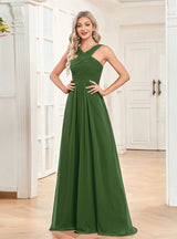 Green Chiffon Pleats Long Prom Dress